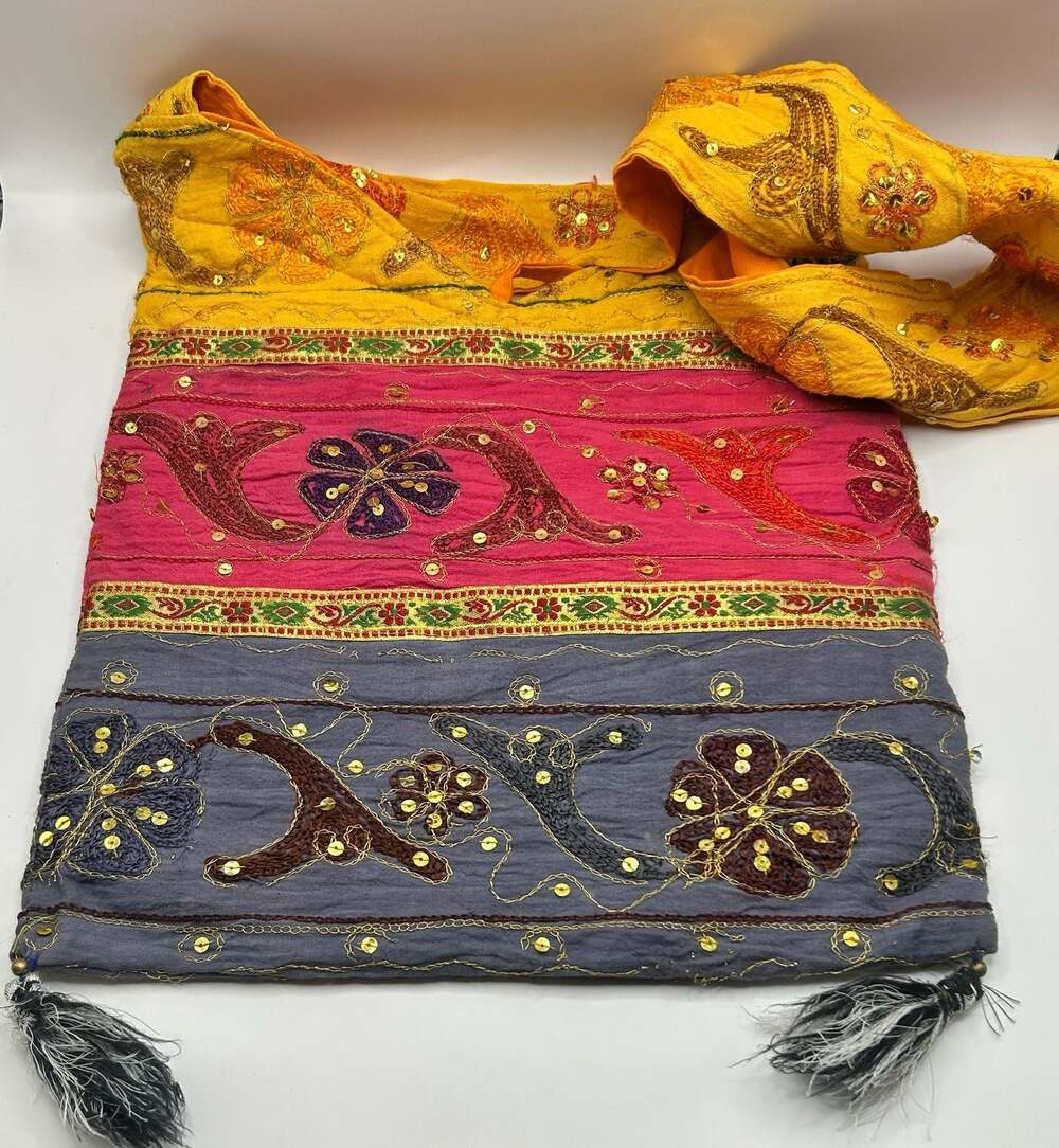 Boho Embroidered Sequin Shoulder Bag Colorful Hippie Tote with Tassels